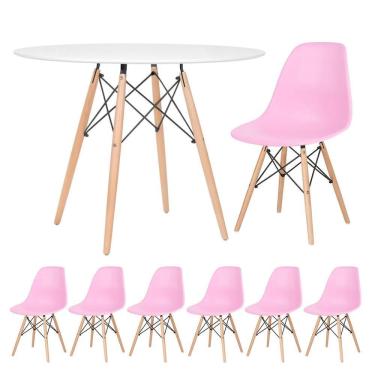 Imagem de Mesa Redonda Eames 100cm Branco + 6 Cadeiras Rosa Claro