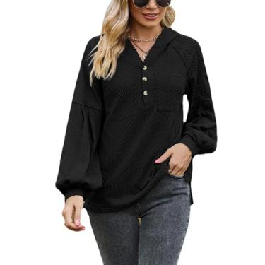 Imagem de Blusa feminina com capuz manga longa moletom com botão e bolso no peito outono inverno casual liso suéter jaqueta tops, Preto, XXG