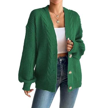 Imagem de Suéter feminino tricotado com botões, casual, ombro caído, manga comprida, casaco outono inverno, Verde, M