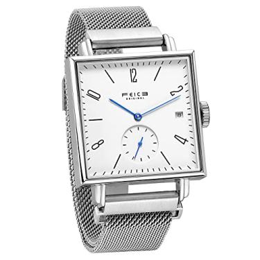 Imagem de Relógio masculino quadrado unissex da FEICE, relógio automático Bauhaus, relógio mecânico, analógico, relógio de pulso, safira, espelho, caixa de 34 mm - FM301, Casual, Silver-Date