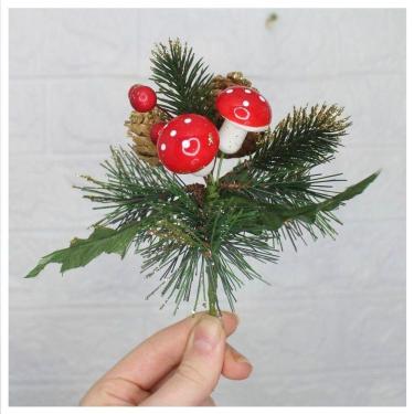 Imagem de Kit 8 Ramos Cogumelo Decoração De Natal Artificial Com Brilho 16cm