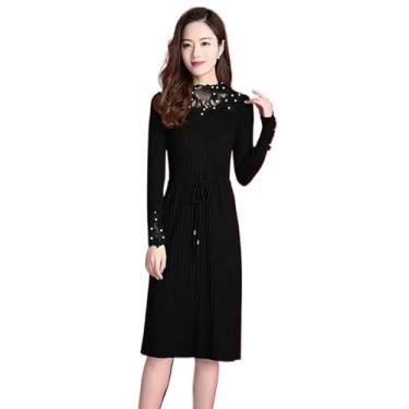 Imagem de Vestido de malha fino de renda outono inverno vestidos femininos quentes manga longa midi tricô vestidos suéter vestidos coreanos, Preto, G