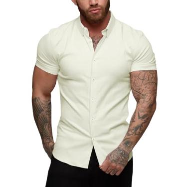 Imagem de URRU Camisa social masculina slim fit stretch manga curta casual abotoada para homens, Manga curta - bege, P
