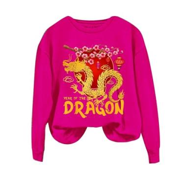 Imagem de Duobla Moletom feminino fashion com estampa do ano do dragão, manga comprida, engraçado, vintage, estampado, pulôver, camisetas fofas, A-1-rosa choque, XXG