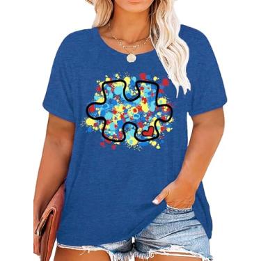 Imagem de Camiseta feminina plus size com autismo Be Kind Autism Camiseta com estampa de coração com autismo aceita autismo, Azul 2, 3G Plus Size