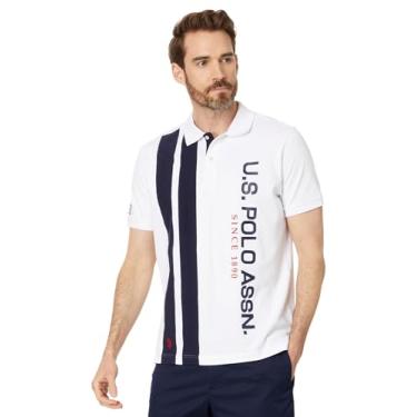 Imagem de U.S. Polo Assn. Camisa polo masculina de manga curta com estampa vertical em bloco de cores, Branco, M
