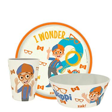 Imagem de Zak Designs Conjunto de louça infantil Blippi de 3 peças, prato de bambu de melamina durável e sustentável, tigela e copo são perfeitos para jantar com a família (Blippi, TABBS)
