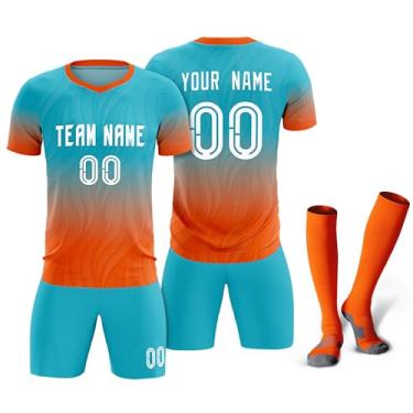 Imagem de Camisetas de futebol personalizadas com logotipo de número de nome masculino feminino infantil camisas de futebol personalizadas uniformes de equipe camiseta juvenil, Azul celeste/laranja/gradiente 9,