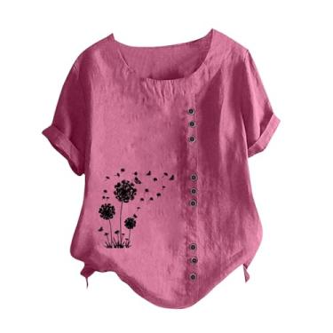 Imagem de Camisetas femininas de linho com gola redonda, estampa floral, manga curta, mistura de algodão, camisetas de botão, Rosa choque, XXG