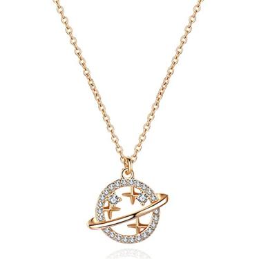 Imagem de Hifunny Colar Saturno com pingente de estrela cintilante planeta para mulheres e homens colar ajustável cristal estrela Saturno joia, Metal, Strass