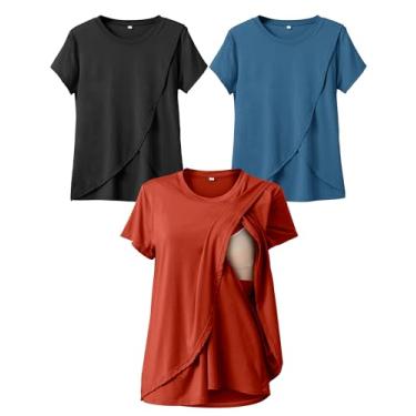 Imagem de Rnxrbb Camisetas de amamentação de manga curta para amamentação conjuntos de roupas pós-parto de verão pacote com 3 camadas duplas, Preto, azul profundo e laranja, M