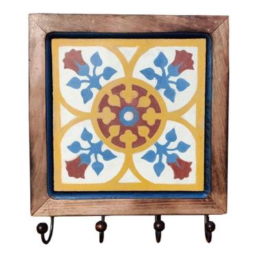 Imagem de Cabideiro Em Madeira Com Ladrilho Hidráulico Porta Chaves Roupas Bolsas Ladrilho B4