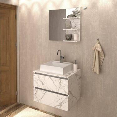 Imagem de Conjunto de Banheiro com Gabinete Suspenso 2 Gavetas e Espelheira com 3 Prateleiras Mármore/Branco