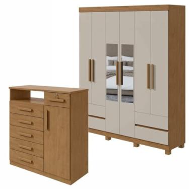Imagem de Conjunto de Guarda-roupa 6 Portas 4 Gavetas Zeus com Espelho e com Pése Cômoda com Nicho Da Vinci Amêndoa Clean/off White