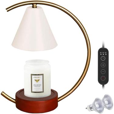Imagem de Lâmpada aquecedora de velas com fragrância Lámpara com temporizador e 2 lâmpadas Aquecedor elétrico de cera Dowm com base de madeira retrô Candeeiro de mesa regulável para quarto para velas