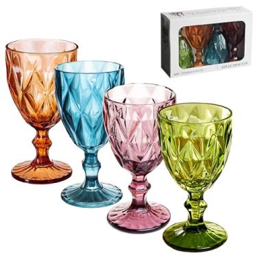 Imagem de Conjunto de 4 taças de vinho vintage, taças de água coloridas de plástico reutilizáveis de 340 g, taças de vinho com haste inquebrável com padrão exclusivo em relevo, copos de bebida multicoloridos