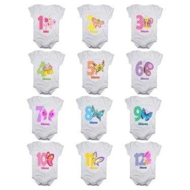 Imagem de Kit 12 Body Bebê Calupa Mesversario Manga Curta Borboletas 1 A 12 Meses Feminino-Feminino