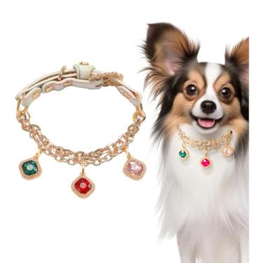Imagem de KUDES Coleira para cães e gatos pequenos, coleira de couro PU ajustável com pingente de diamante de strass, colar gargantilha para festa de aniversário de casamento, presente de dia dos namorados