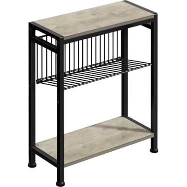 Imagem de Mesa lateral pequena para espaços pequenos, mesa de canto estreita de 3 camadas com suporte de revista, mesa de cabeceira fina, mesa de sofá de lanche skinny na sala de estar, quarto, escritório