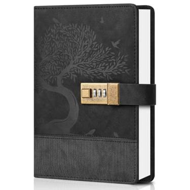 Imagem de MINICAGIE Diário vintage com cadeado para mulheres e homens, 256 páginas, diário com senha de couro com cadeado A5 para escrever anotações, 15 x 21 cm, preto