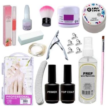 Imagem de Kit Unhas Gel Completo Acrigel Fibra Porcelana Manicure Top Coat Prime