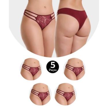 Imagem de Kit 5 Calcinha Tanga Fio Dental Em Microfibra E Renda Rubi Vinho - IMI