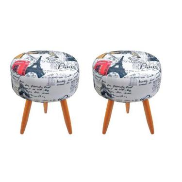 Imagem de Kit 02 Puffs Redondo Suede Estampado Paris Vermelho Pés Palito - Estof