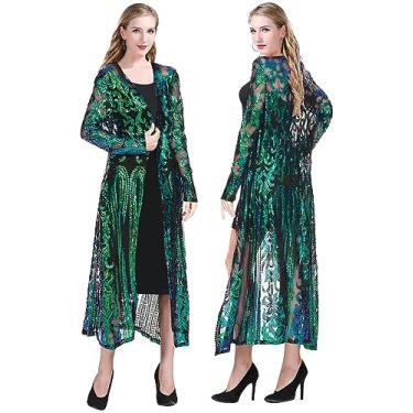 Imagem de Z&X Vestido cardigã feminino com lantejoulas brilhantes dos anos 20, solto, frente aberta, manga comprida, cardigã para festas noturnas, 05 Verde, Large