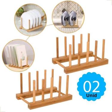 Imagem de kit 2 Suportes Escorredor Louças  Pratos 4 Divisões Display Bambu Mult