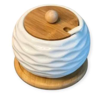 Imagem de Saleiro Bianco Cerâmica Com Tampa De Madeira Lyor Cor Branco - saleiro