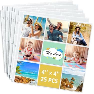 Imagem de tutata Páginas de recarga de álbum de fotos, comporta fotos de 10 x 10 cm, protetores de página de scrapbook com 9 bolsos, serve para fichário de álbum de 34 cm × 33 cm, pacote com 25