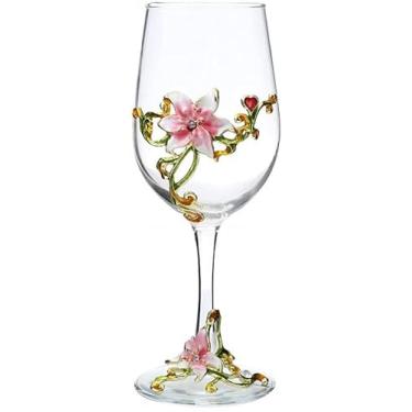 Imagem de Simcat Taças de vinho esmaltadas pintadas à mão com flores transparentes, haste para cabernet, presentes (caixa de presente rosa única, 1 caixa de presente)