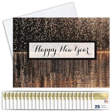 Imagem de Cartões comemorativos de ano novo - N1503. Cartões comemorativos com feliz ano novo e um fundo de fogos de artifício caindo. O conjunto de caixa tem 25 cartões comemorativos e 26 envelopes brancos com forro de folha dourada.