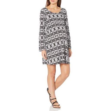 Imagem de Three Seasons Maternity Vestido trapézio longo com estampa de manga de sino para gestantes, Preto/branco, P