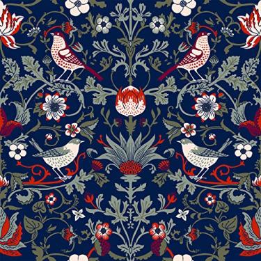 Imagem de VEELIKE Papel de parede floral vintage pássaros bagas 43 cm x 890 cm azul marinho damasco floral papel de parede para banheiro mural de parede removível autoadesivo azul papel de contato para paredes armários quarto