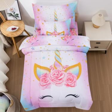 Imagem de JQinHome Edredom infantil para meninas, 5 peças em uma bolsa, tema unicórnio 3D, conjunto de cama com 2 fronhas, 1 lençol de cima, 1 lençol com elástico (unicórnio, tamanho infantil 106,7 cm x 144,8
