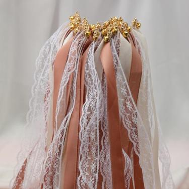 Imagem de 50 sinos de lembrancinha de casamento, varinhas de desejos de fadas de renda, fitas de festa, para festas, feriados de aniversário e celebrações de festivais (cor café com renda)