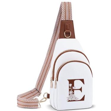 Imagem de Lizznoe Bolsa tiracolo feminina de couro com letra inicial pochete para viagem, presente para mãe e esposa, Branco/Marrom, E