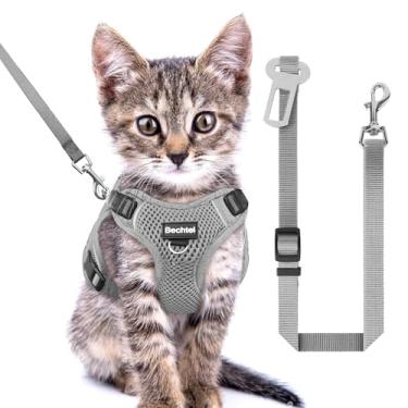 Imagem de Conjunto de arnês e coleira para gatos à prova de fuga de caminhada, colete macio ajustável com faixa refletiva para gatos, colete confortável ao ar livre, coleira de carro para gatos, cinza, PPP