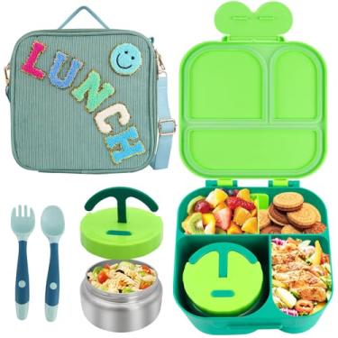Imagem de Lancheira com caixa Bento com 4 compartimentos, com pote térmico à prova de vazamento, lancheira isolada de veludo cotelê para meninos, meninas, adolescentes, escola, viagem, piquenique (verde)