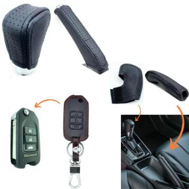 Imagem de Kit Capas Couro Manopla Câmbio Automático + Alavanca Freio de Mão + Ch