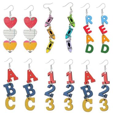 Imagem de LPYO Conjunto de brincos de professor leves feitos à mão para mulheres, divertido, dupla face, lápis de madeira, giz de cera, livro, pingente de volta às aulas, joias de presente para apreciação de