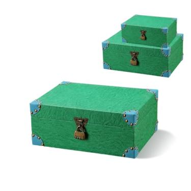 Imagem de LVPETALIZE Baú do tesouro, caixa de tesouro de madeira com couro, caixas de armazenamento decorativas vintage com tampas, caixa de tesouro para joias, moedas e colecionáveis (verde pavão)