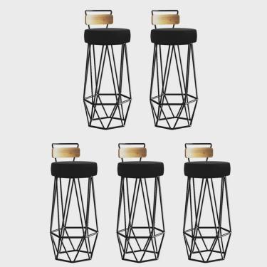 Imagem de Kit 05 Banqueta Com Encosto Botti Hexágono Cozinha Peroba Rosa Ferro Preto Suede Preto - Ahz Móveis