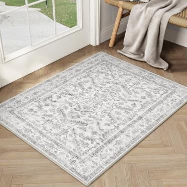 Imagem de PureCozy Tapete de entrada cinza 2x3 vintage tapete de área interna cozinha lavável tapete de porta entrada pequena pilha baixa tradicional envelhecida retro acento tapete antiderrapante escritório