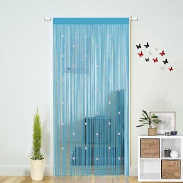 Imagem de Cortinas de cordão com contas para portas Boho decoração de quarto porta pendurada contas de parede armário cortina de janela divisor de quarto privacidade decorativa (azul, 99 cm L x 200 cm C)