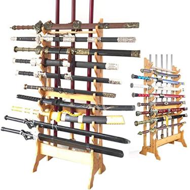 Imagem de Suporte de espada suporte de solo multicamada para espadas e katanas, prateleiras de exibição de armas de 10/12 andares, suporte vertical de madeira maciça para espadas de artes marciais para