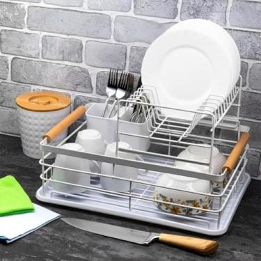 Imagem de Escorredor De Louça Duplo 2 Andares 12 Pratos Talheres Copos Com Bandeja Coletora Aço Madeira Bambu (Branco)