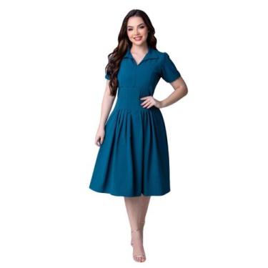 Imagem de Vestido Feminino Midi Rodadinho Manga Curta Gola Polo V Acinturado Cas