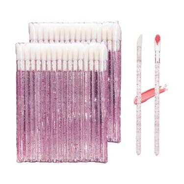 Imagem de 100 pincéis de lábios descartáveis de cristal – Varinhas aplicadoras de brilho labial rosa premium com pontas de algodão macio, ferramentas de maquiagem portáteis para aplicação de batom/brilho